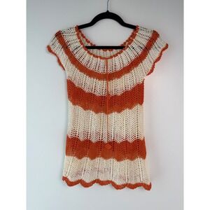 Boho 70s Handmade Crochet Open Knit Top Striped Boho Cap Sleeve Hippie Cover Up